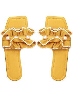 Women's Yellow Summer Ruffle Pearl Wedding Square Toe Slip on Slide Flat Slipper